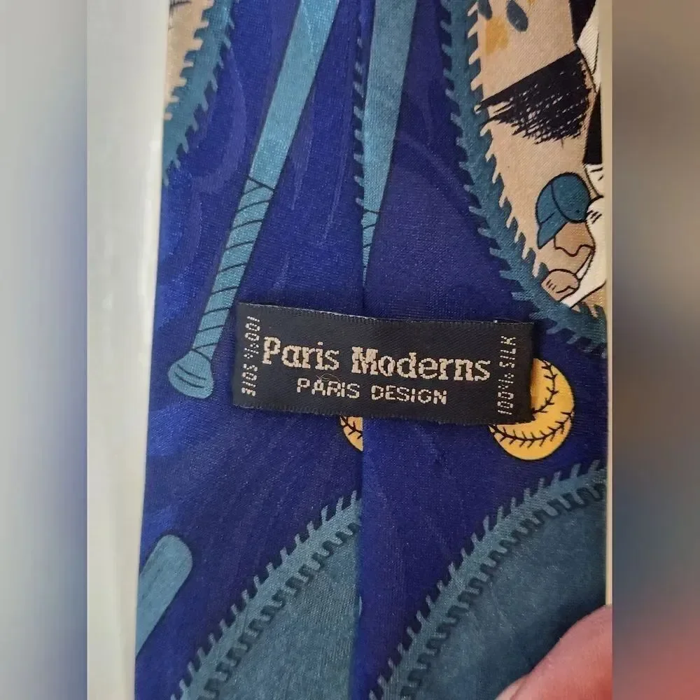 Paris Moderns Paris Design Baseball Print Navy Blue Mlticlrd 100% SILK Neck Tie